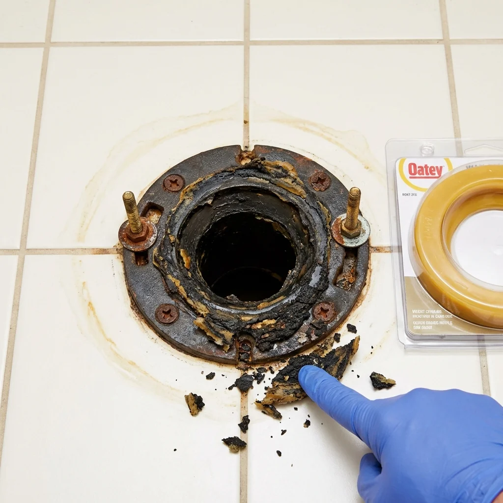 Failed wax ring showing water seepage at the base of a toilet in a Bedford, NH home