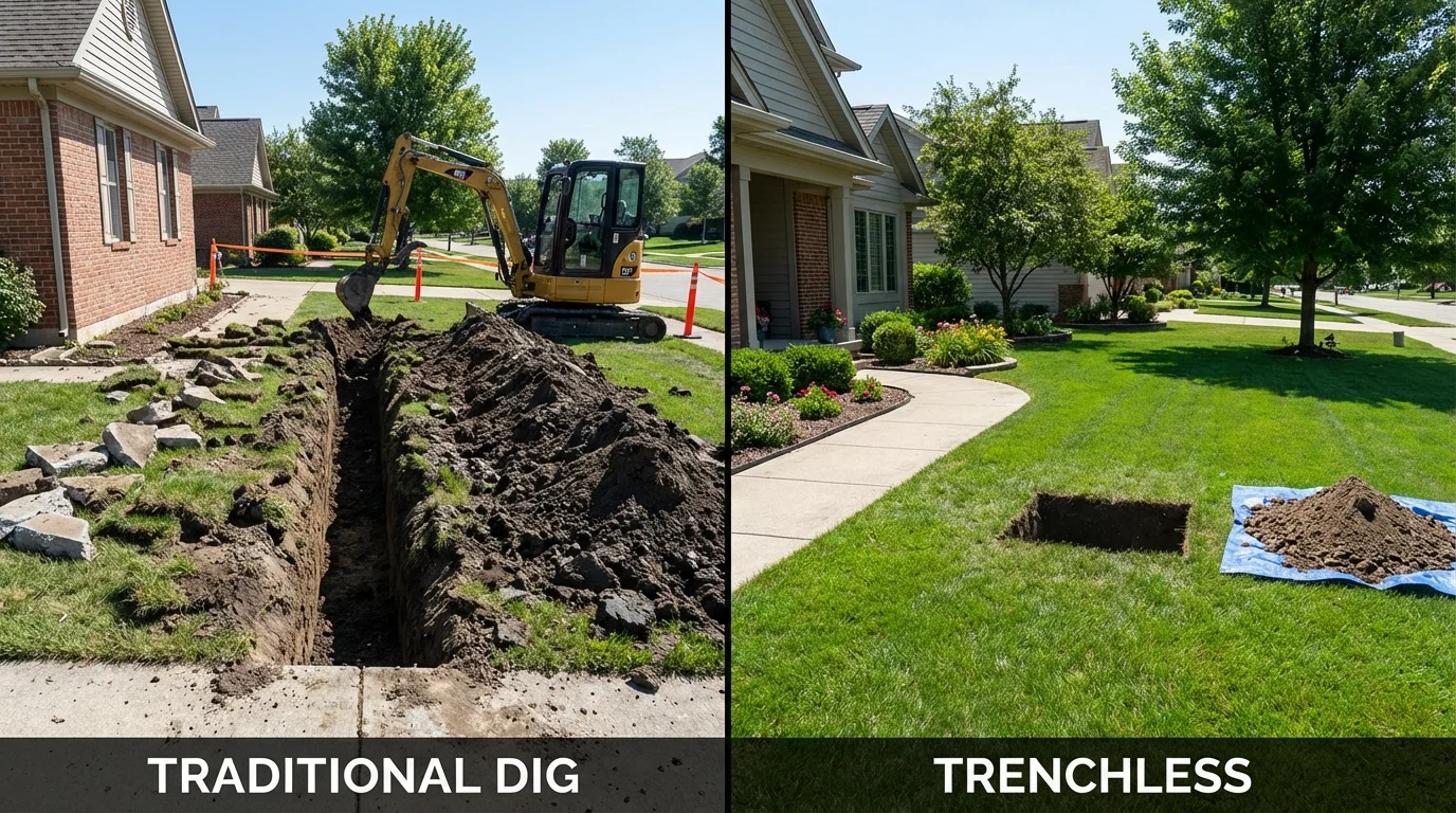 Trenchless sewer repair with minimal yard damage versus traditional excavation in Bedford, NH