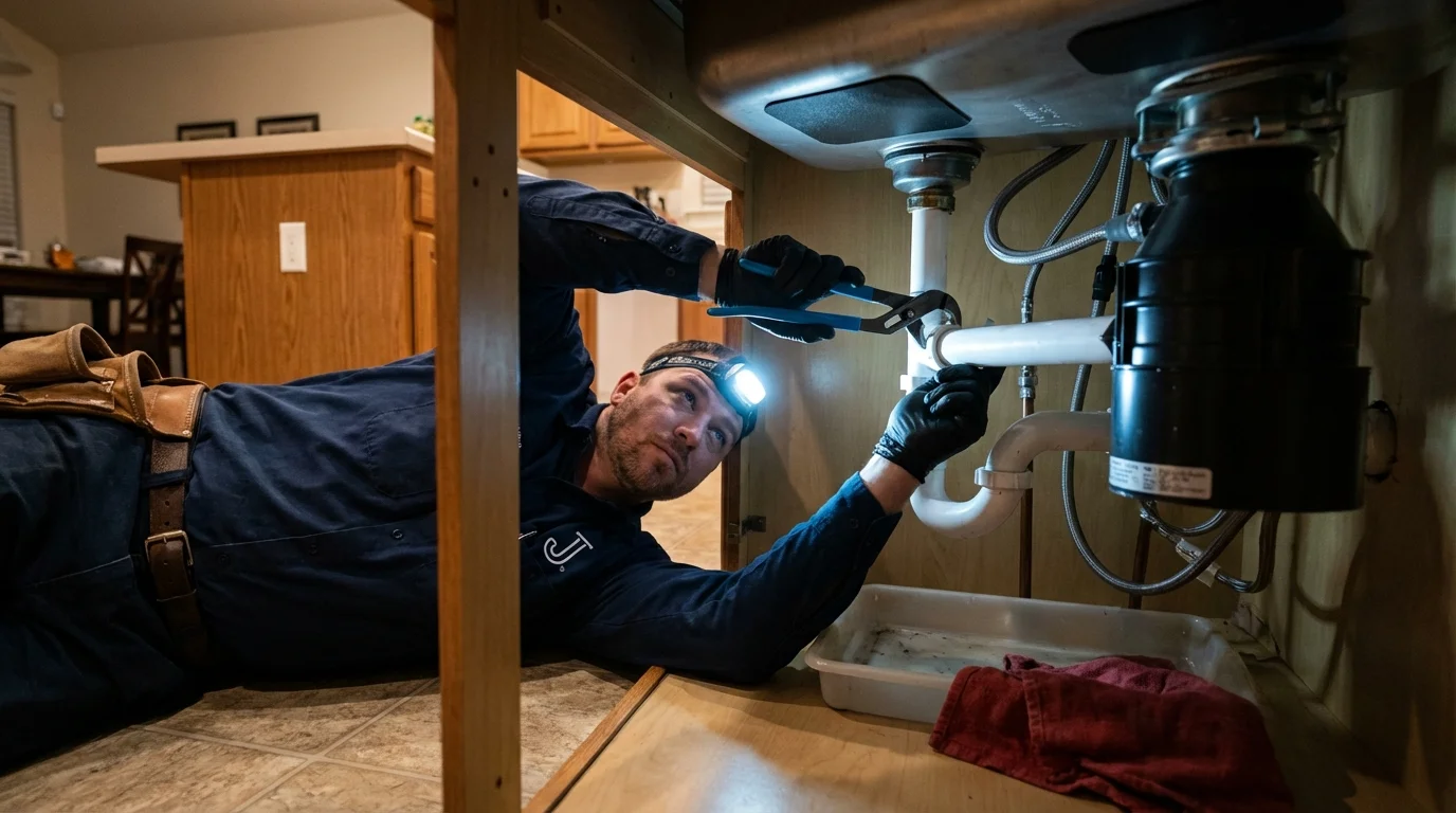P-trap and supply line connections under a kitchen sink showing a common leak point in Bedford, NH